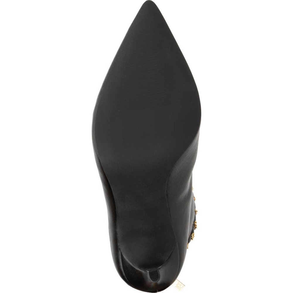 NY Collection Black Pointed Toe‎ Stiletto Heel Ankle Booties Gold Chain Trim 8.5 - Picture 6 of 14